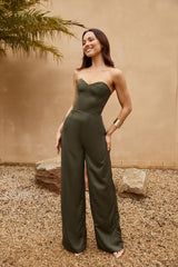 Let's Talk Business Strapless Jumpsuit Khaki