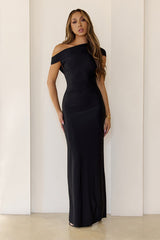 Sultry Draped One Shoulder Maxi Dress Black