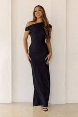 Sultry Draped One Shoulder Maxi Dress Black