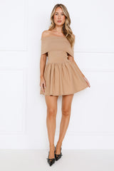 Sitting Pretty Off Shoulder Mini Dress Beige