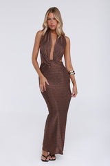 Softly Desired Halter Maxi Dress Brown