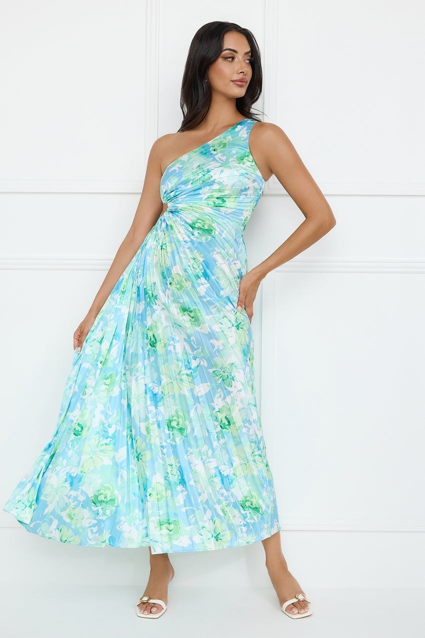 Emerald Ice One Shoulder Satin Pleated Maxi Dress Blue