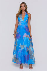 Floral Statement Halter Maxi Dress Blue