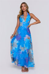 Floral Statement Halter Maxi Dress Blue