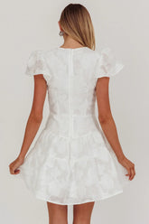Irenna Ruffle Sleeve V-Neck Mini Dress Textured White