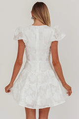 Irenna Ruffle Sleeve V-Neck Mini Dress Textured White
