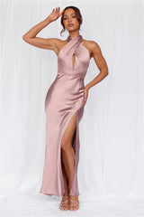 The Adeline Halter Satin Maxi Dress Dusty Pink