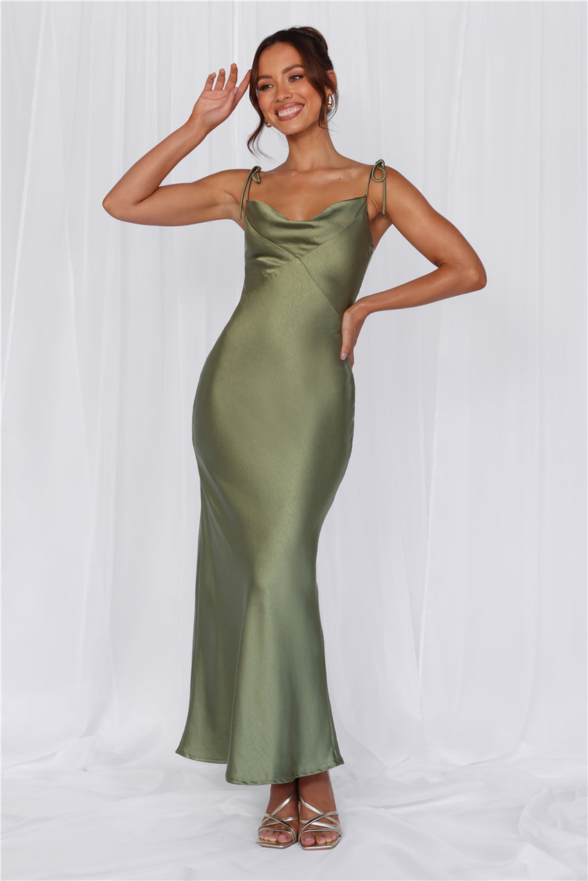 The Penelope Cowl Satin Maxi Dress Olive
