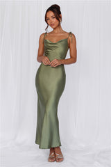 The Penelope Cowl Satin Maxi Dress Olive