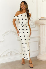 Meet Your Dream Off Shoulder Satin Midi Dress Ivory