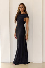 Sultry Draped One Shoulder Maxi Dress Black