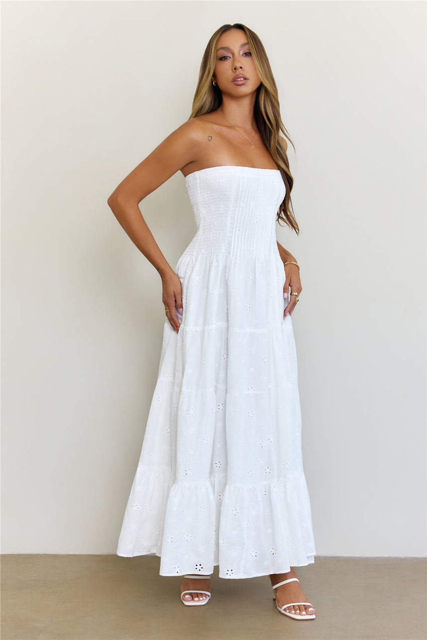 Dreamy Days Broderie Strapless Tiered Maxi Dress White