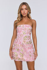 Blooms Of Art Embellished Strapless Mini Dress Pink