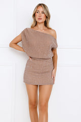 Dare To Shine Off Shoulder Sequin Mini Dress Latte