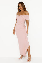 Moonlit Masquerade Off Shoulder Maxi Dress Blush