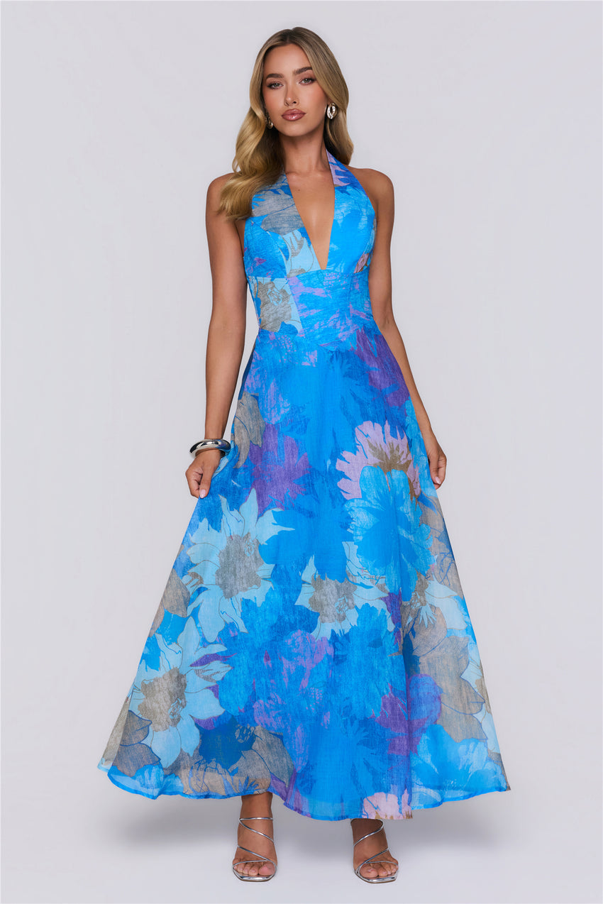Floral Statement Halter Maxi Dress Blue