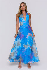 Floral Statement Halter Maxi Dress Blue