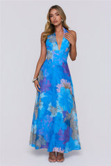 Floral Statement Halter Maxi Dress Blue