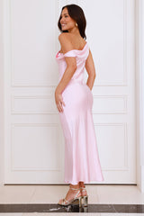 Stylish Season Off Shoulder Satin Midi Dress Light Pink