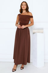 Camellia Charm Off Shoulder Maxi Dress Brown