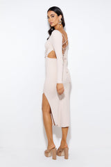 Rooftop Bars Ribbed Midi Dress Beige