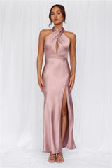 The Adeline Halter Satin Maxi Dress Dusty Pink