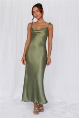 The Penelope Cowl Satin Maxi Dress Olive