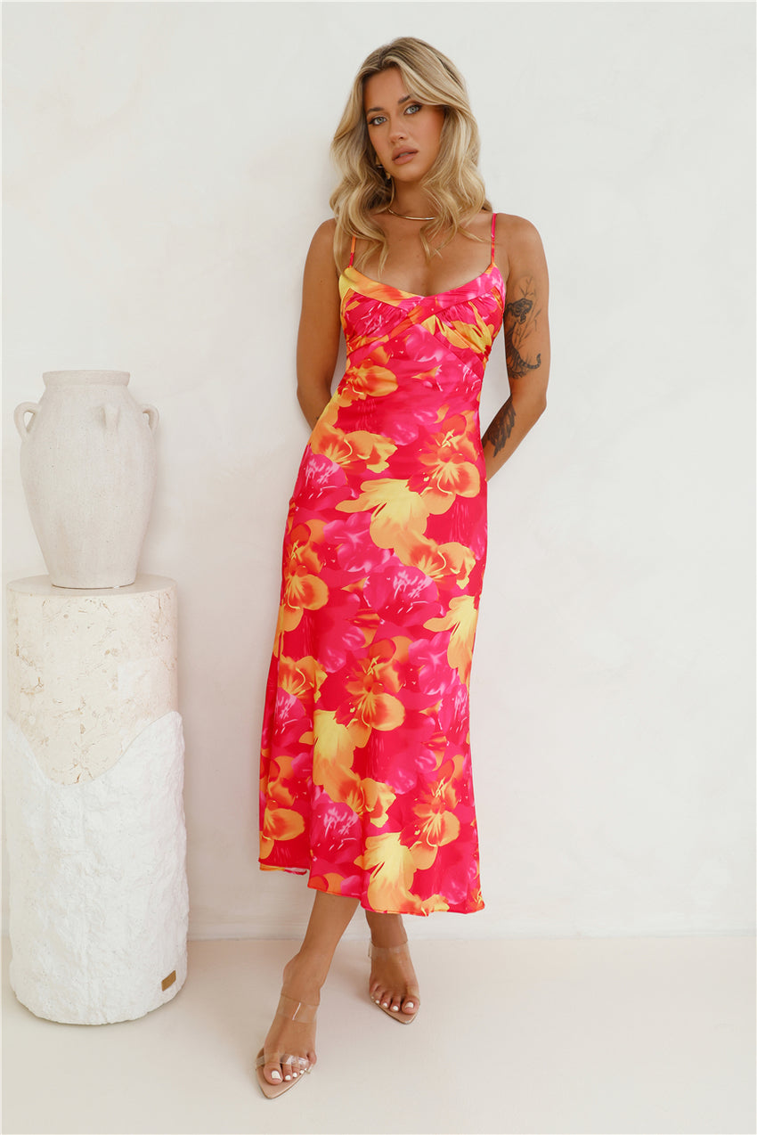 Strawberry Summer Satin Maxi Dress Pink