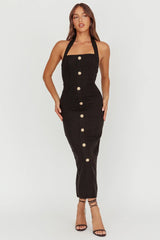 She Is Button Front Halter Midi Dress Tweed Black